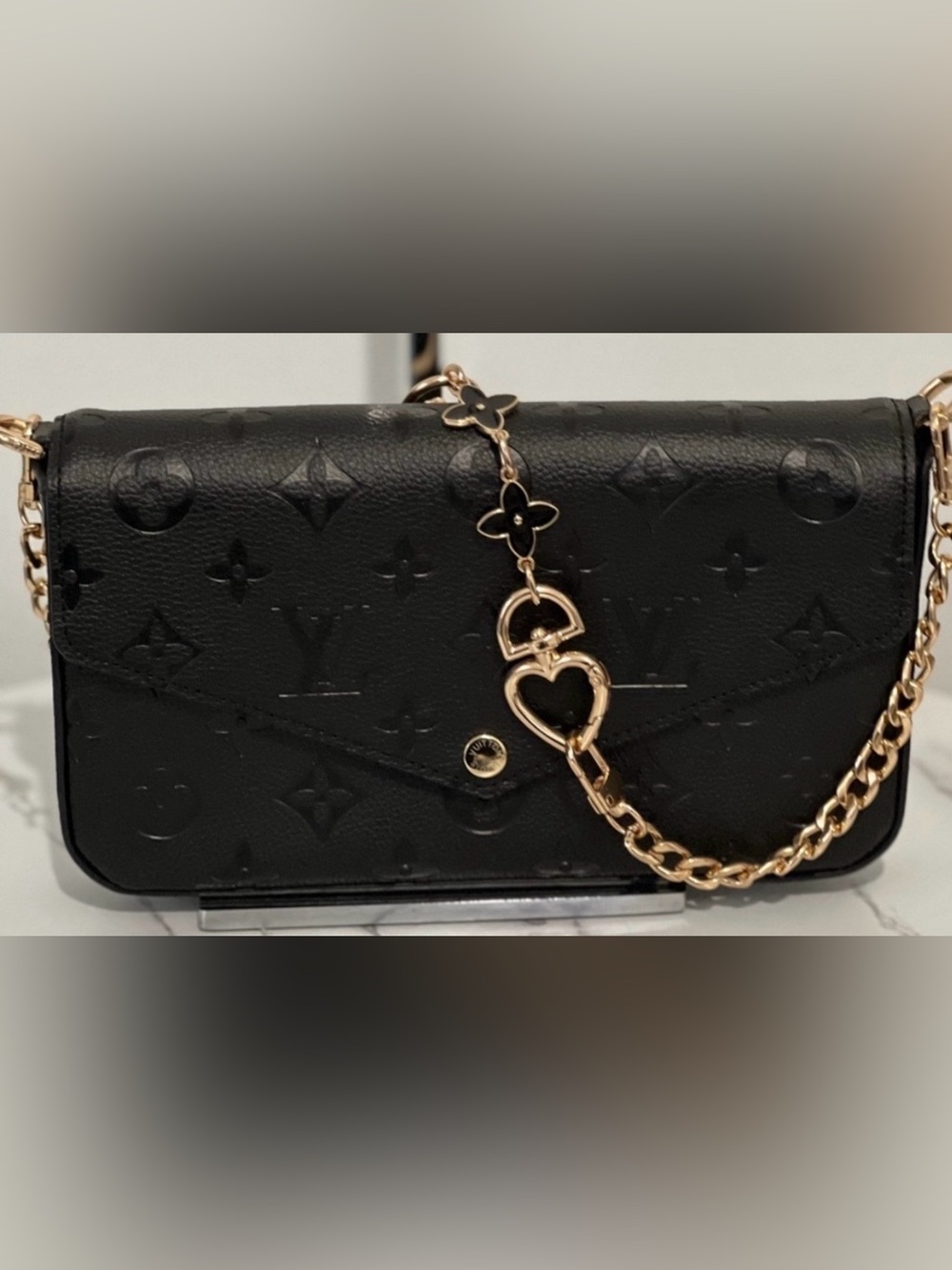 Black Embossed Leather crossbody Bag with Gold Chain and Decorative Charms - Picture 3 of 3